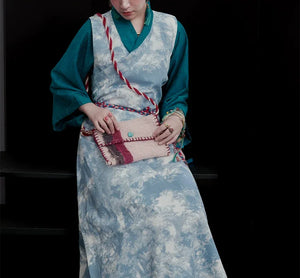 Ink-Dye V-Neck A-Line Dress – Modern Hanfu Silhouette with Tibetan-Inspired Details - Yandan_Hanfu