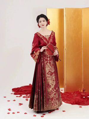 Perfect Harmony Bridal Hanfu – New Chinese Style Mamian Skirt Wedding Dress for Engagement & Reception - Yandan_Hanfu