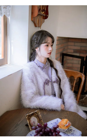 ''Falling Grace" Lace Qipao Cheongsam Dress & Faux Fur Jacket – Winter Collection - Yandan_Hanfu