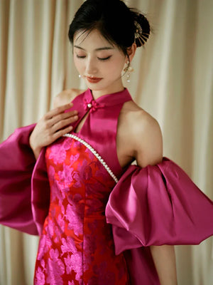 "Chuni" dragon fruit color jacquard cheongsam bride - Yandan_Hanfu