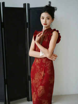 Lotus Step – Red Mermaid Qipao for Wedding, Engagement & Tea Ceremony - Yandan_Hanfu