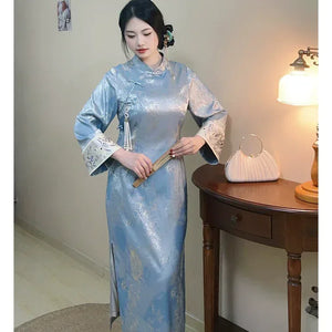 “Azure Spring” – New Chinese Embroidered Qipao | Plus-Friendly, Slimming Early-Spring Dress - Yandan_Hanfu