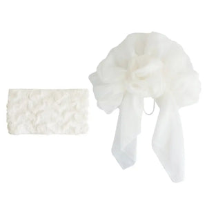 White Bing'er kimono belt set with ruffled waist seal and oversized flower knot, perfect for elegant Japanese kimono styling.