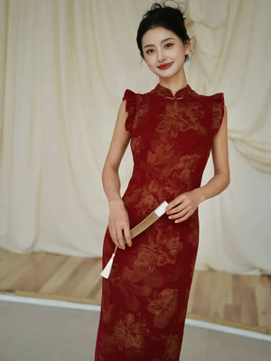 Lotus Step – Red Mermaid Qipao for Wedding, Engagement & Tea Ceremony - Yandan_Hanfu