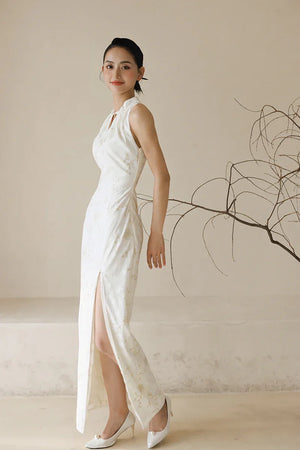 "Qianzhi" white embroidered shawl showing thin backless cheongsam bride wedding dress toast engagement - Yandan_Hanfu