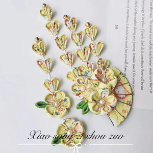 Kimono Accessories Set Fan Flower Japanese Cute Hairpin Five-petal Flower Tassel Bath Suit Drop Curtain Hairpin Blue Pink - Yandan_Hanfu