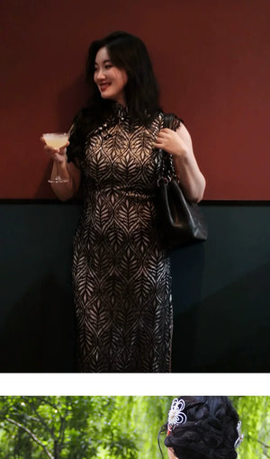 Plus Size Black & White Qipao Dress – Modern Vintage-Inspired Sleeveless Cheongsam with Geometric Patterns - Yandan_Hanfu