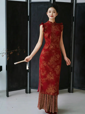 Lotus Step – Red Mermaid Qipao for Wedding, Engagement & Tea Ceremony - Yandan_Hanfu