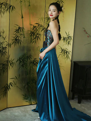 "Sparrow" Jacquard tube bride trailing wedding wedding dress toasting dress engagement - Yandan_Hanfu