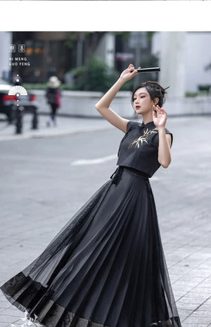 Oriental Grace – Hanfu-Inspired Set | Embroidered Bamboo Tassel Vest with Qipao Collar Top & Mamian Skirt - Yandan_Hanfu