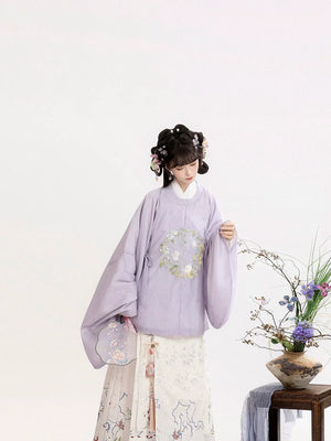 “Moonlit Blossom” Ming-Style Hanfu for Women – Embroidered Round-Collar Top & Mamian Skirt, Autumn/Winter - Yandan_Hanfu