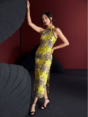 Jacquard gold yellow dyed bamboo sleeveless medium and long cheongsam - Yandan_Hanfu