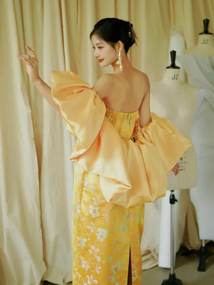 "Yunjing" yellow jacquard pregnant woman cheongsam bride toast dress - Yandan_Hanfu