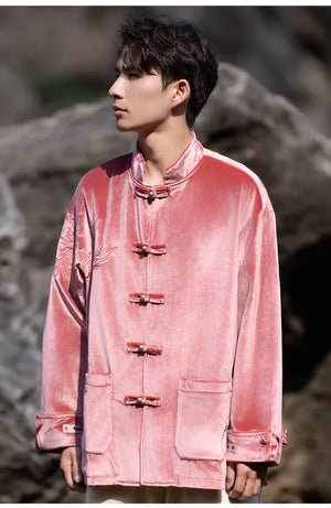 New Chinese Tang style men's button top autumn and winter coat golden velvet - Yandan_Hanfu