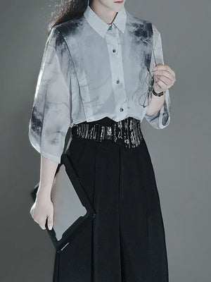 Clivia ink shirt Chinese fashion new Chinese element pants summer suit - Yandan_Hanfu
