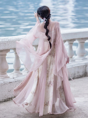 Pink Chinese style Han element dress big pendulum fish tail tattered sleeve fairy energy spring and summer suit - Yandan_Hanfu