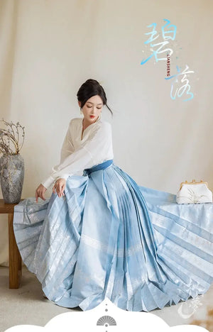 Blue collar shirt versatile beige top, lantern sleeve retro horse skirt - Yandan_Hanfu