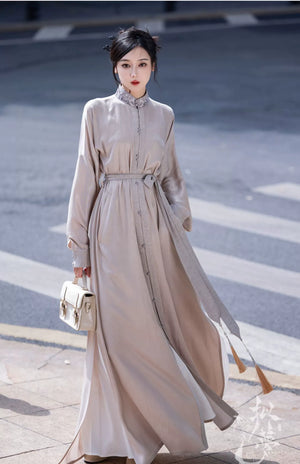 New Chinese style | Everyday stand-up collar dress shirt long skirt - Yandan_Hanfu