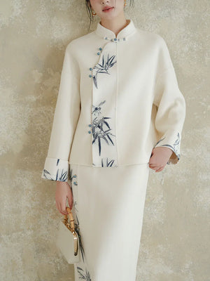 100% Wool Double-Faced Modern Chinese Women's Set – Printed Jacket with Matching Skirt, Minimalist Luxury Style - Yandan_Hanfu