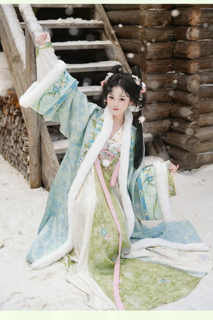 Verdant Atelier – Winter Tang-Style Hanfu Set with Cloak, Cross-Collar Top & Qi-Chest Skirt - Yandan_Hanfu