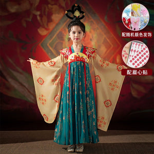 Girls Hanfu set with accessories including hair ornaments and eyebrow stickers, perfect for complete traditional spring and autumn look.