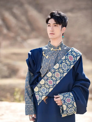 Blue Tibetan Men's Robe – Traditional Winter Coat with Ethnic Style and Modern Elegance - Yandan_Hanfu