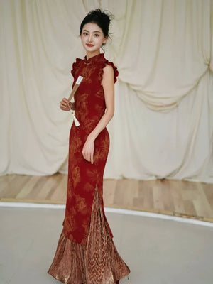 Lotus Step – Red Mermaid Qipao for Wedding, Engagement & Tea Ceremony - Yandan_Hanfu