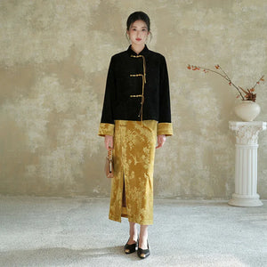 Velvet Elegance – Modern Chinese Women's Set | Black Embossed Tang-Style Jacket with Gold Skirt - Yandan_Hanfu