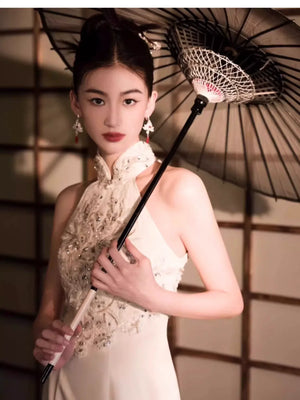 White Engagement Cheongsam Toast Bridal Dress - Yandan_Hanfu