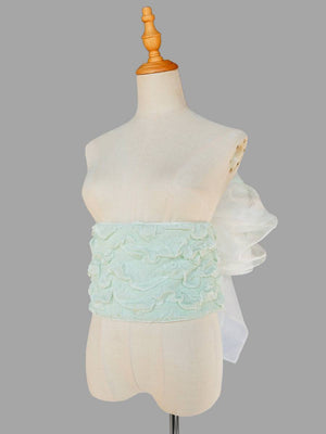 Mint green Bing'er kimono belt waist seal with ruffled texture, paired with a sheer white bow for a soft, traditional Japanese look.