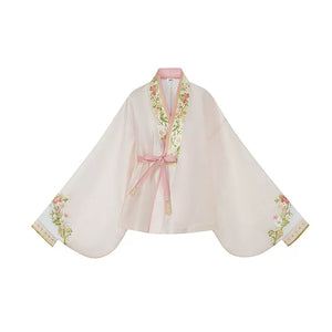 Bogu Peach Blossom pink cross-collar Hanfu top on white background