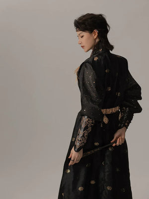 "Wujing 2.0” – Gold-Brocade Round-Collar Robe | Hanfu-Inspired Modern Jacket (Spring/Autumn) - Yandan_Hanfu