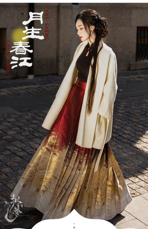 Lunar Spring River – Red Hanfu Maxi Skirt Set, New Chinese Style 6-Meter Hem Mamian Skirt with Knit Top & Wool Coat - Yandan_Hanfu