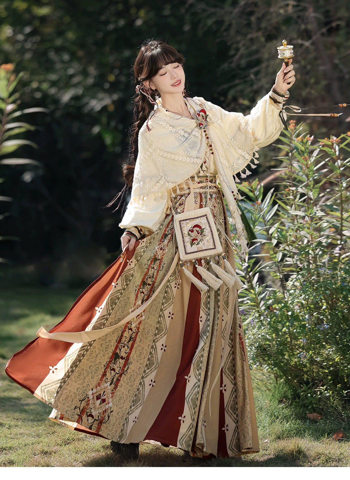Full set shown outdoors with flowing printed skirt and shawl