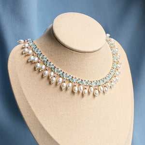 Butterfly Shell & Aquamarine Pearl Necklace – Hanfu Yingluo Accessory with Original Design - Yandan_Hanfu