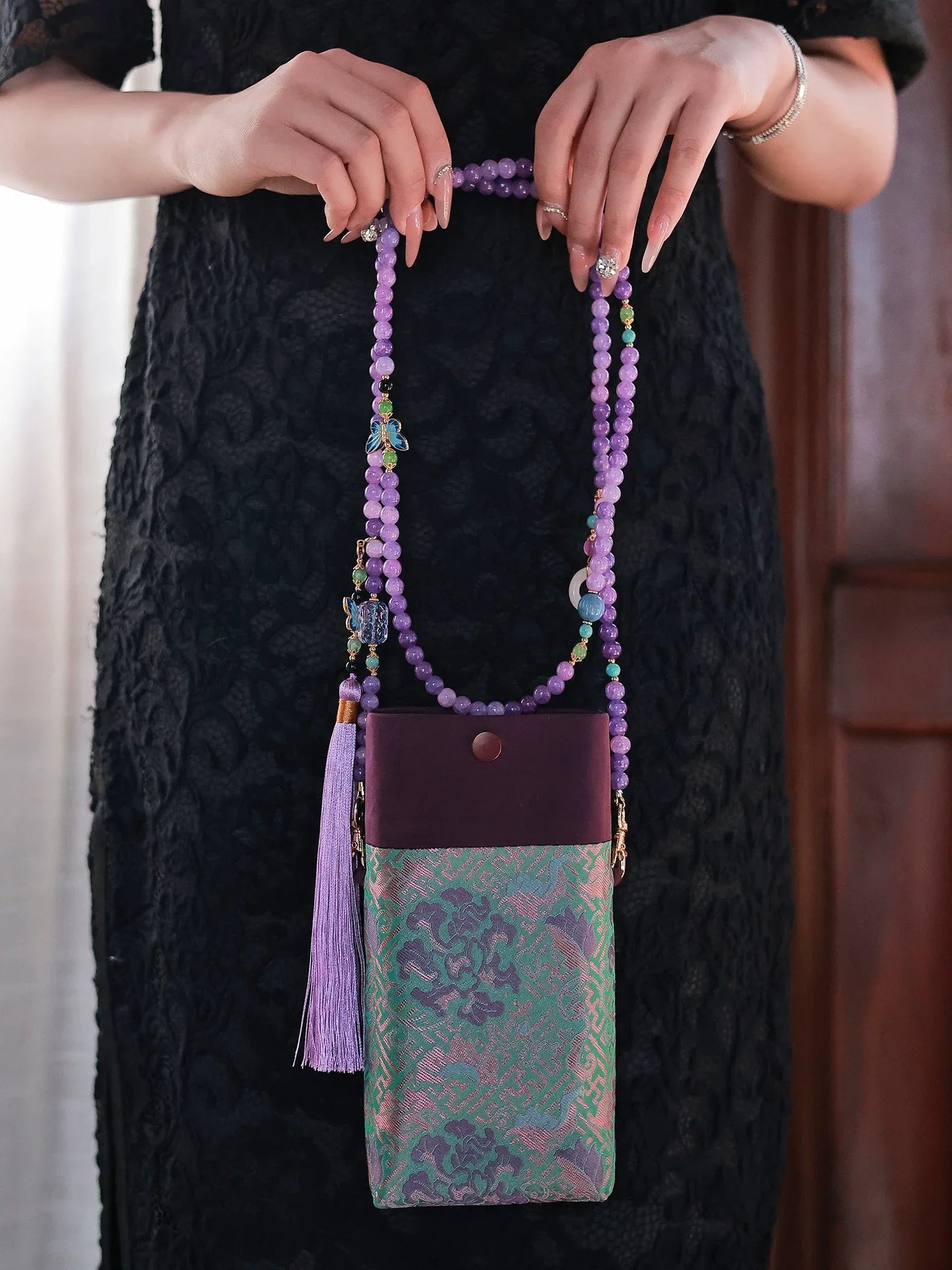 Floral Motif Bag | Color-Block Canvas Crossbody with Beaded Strap - Yandan_Hanfu
