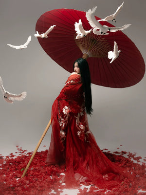 Tang Dynasty Hanfu | Red chest-length wrap skirt with super fairy embroidery and large-sleeved top suit - Yandan_Hanfu