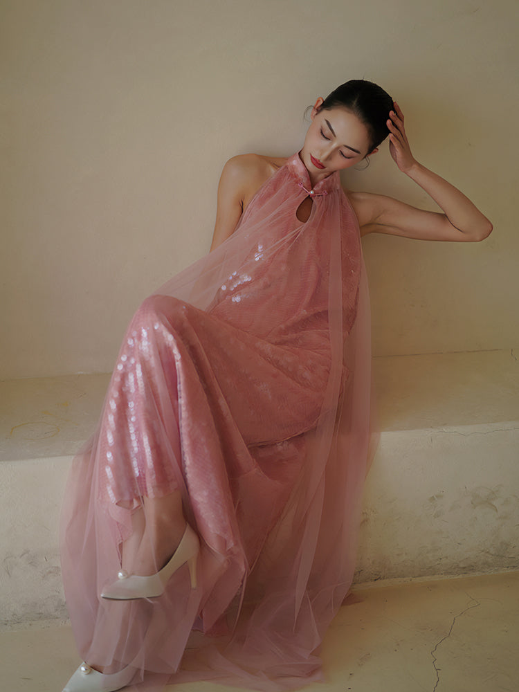 "Bella" pink sequined gauze halter dress bride