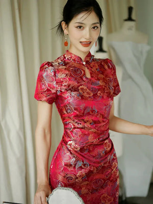 Yue Xi – Red Embroidered Jacquard Qipao for Wedding, Engagement & Tea Ceremony - Yandan_Hanfu