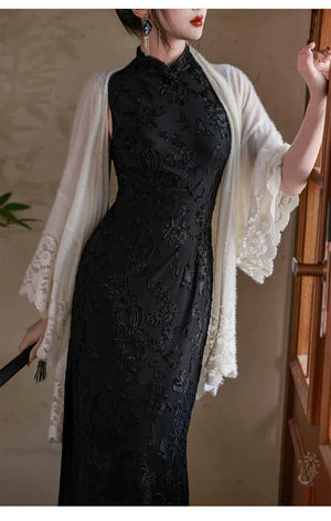 Silent Fragrance – Velvet Beaded Sleeveless Floor-Length Qipao with New Chinese Style Blazer - Yandan_Hanfu