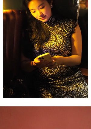 Plus Size Black & White Qipao Dress – Modern Vintage-Inspired Sleeveless Cheongsam with Geometric Patterns - Yandan_Hanfu