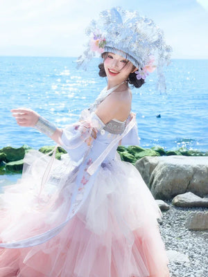 Pink Miao Clothing Women's Summer Cake Green Dress Stage Dress Chinese Sets - Yandan_Hanfu