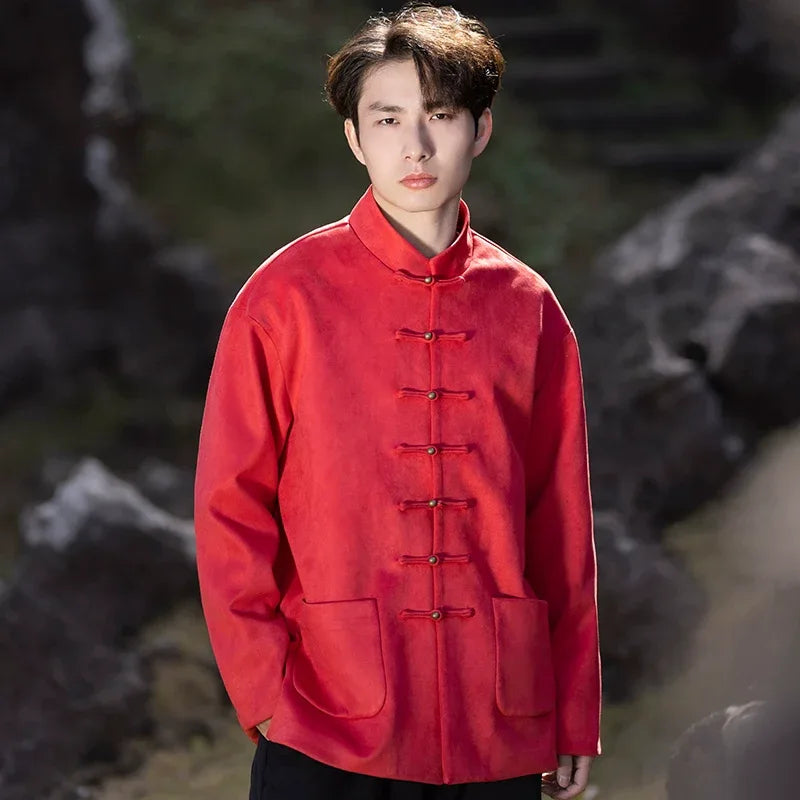 New Chinese style disc button top jacket Chinese New Year red Tang suit men - Yandan_Hanfu