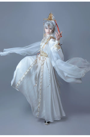 【Radiance of the Dragon】 White Hanfu Ensemble with Cross-Collar, Clouded Shoulders & Embroidered Seal men Unisex - Yandan_Hanfu