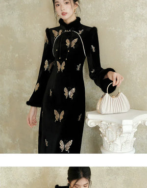 Black & Gold Velvet Cheongsam – Modern Chinese Winter Dress with Butterfly Bead Embroidery - Yandan_Hanfu