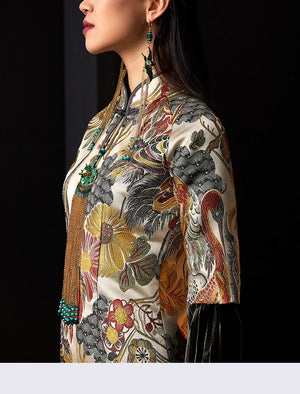 Retro cheongsam splicing velvet split jacquard dress - Yandan_Hanfu