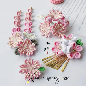 Complete Sakura fine work hairpin 4-piece set with pink cherry blossoms, ideal for Japanese kimono or Lolita fashion.