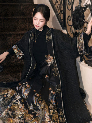 Spring Mountain Dragon – New Chinese Style Hanfu Set | Brocade Ma Mian Skirt with Embroidered Cape and Floral Gold Weave - Yandan_Hanfu