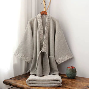Chinese style gray Hanfu loungewear set with thickened trousers displayed on wooden bench, ideal for cozy indoor wear.