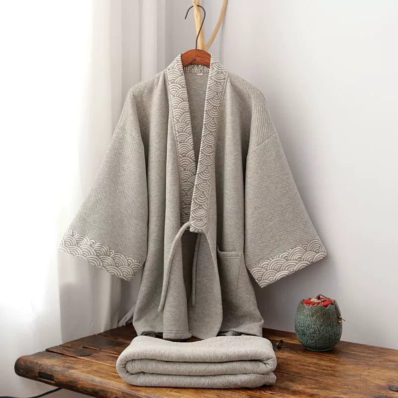 Chinese style gray Hanfu loungewear set with thickened trousers displayed on wooden bench, ideal for cozy indoor wear.
